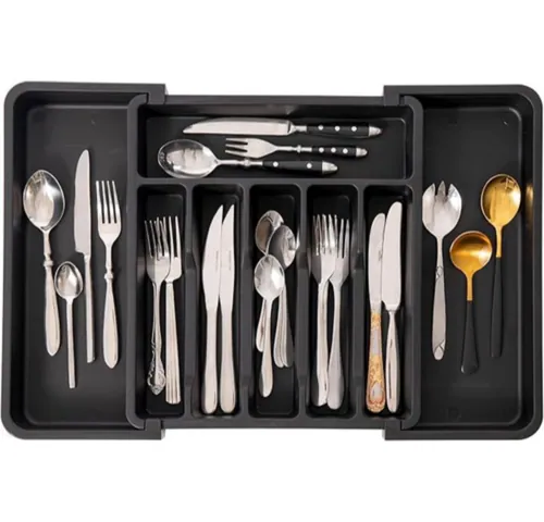 Vencier Expandable Cutlery Drawer Organizer – Large Utensil Tray for Kitchen Drawers (Extends to 57cm) – Adjustable Silverware & Flatware Holder for Spoons, Forks, Knives (Black)